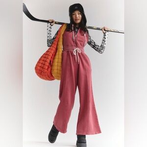 FP Movement Free People Red Jumpsuit Faded Red Drawstring Waist hooded Large EUC